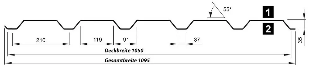Querschnitt des Wandblech T-35MW/1050 - 35 mm Profilhöhe - 1050 mm Deckbreite